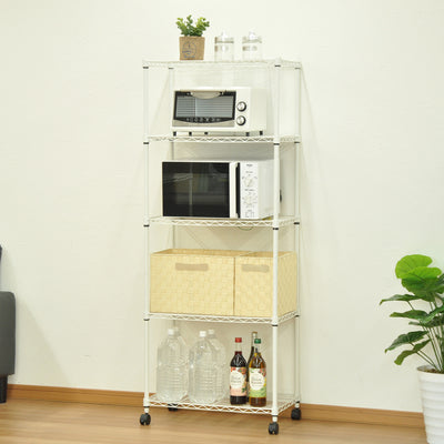 【キッチンが変わる、頼れる収納力】
粉体塗装で水周りにも強く、レンジや調理器具、重たい飲料ストックまでまとめて置けるので、ごちゃつきがちなキッチンが驚くほどすっきり片付きます。