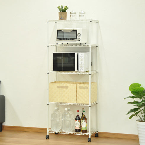 【キッチンが変わる、頼れる収納力】
粉体塗装で水周りにも強く、レンジや調理器具、重たい飲料ストックまでまとめて置けるので、ごちゃつきがちなキッチンが驚くほどすっきり片付きます。