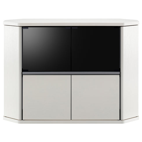 真ん中上部には両開き仕様のブラックスモークガラス扉付き収納が、下部には木目扉付きの収納がついております。