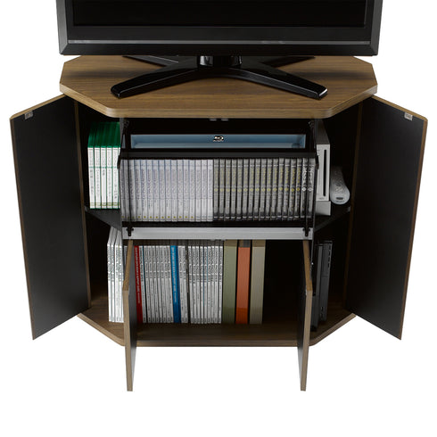 真ん中上部には両開き仕様のブラックスモークガラス扉付き収納が、下部には木目扉付きの収納がついております。