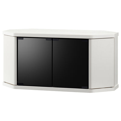 【隠して魅せるスマート収納】
ブラックスモークガラスの扉は、中の機器を見えにくくして生活感を隠しつつ、閉めたままでもリモコン操作が可能な優れた機能性を持っています。