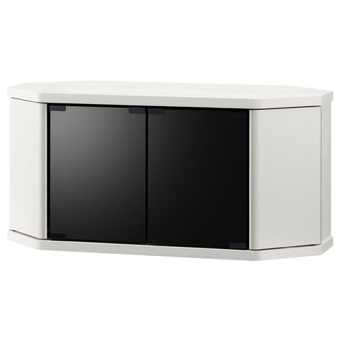 【隠して魅せるスマート収納】
ブラックスモークガラスの扉は、中の機器を見えにくくして生活感を隠しつつ、閉めたままでもリモコン操作が可能な優れた機能性を持っています。