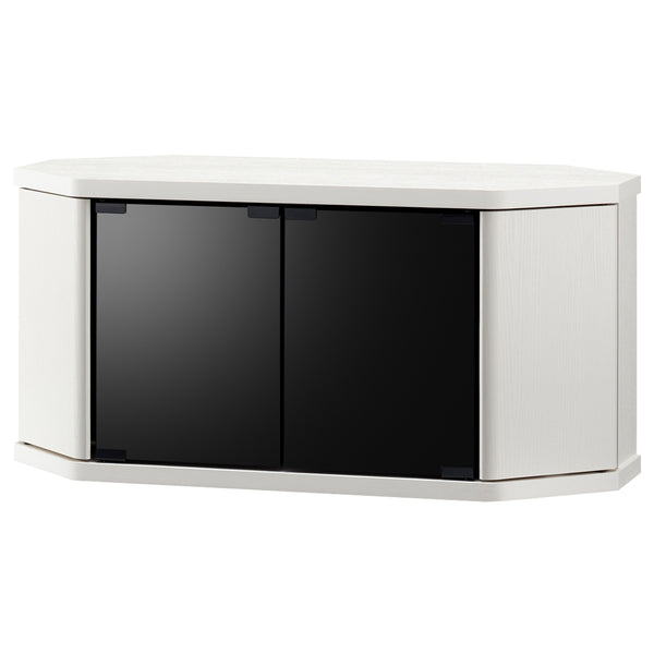 【隠して魅せるスマート収納】
ブラックスモークガラスの扉は、中の機器を見えにくくして生活感を隠しつつ、閉めたままでもリモコン操作が可能な優れた機能性を持っています。