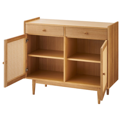 小物類の収納に便利な引出しが2杯と、たっぷり収納できる開き戸収納を備え、身の回りの物を一か所にスッキリとまとめられます。