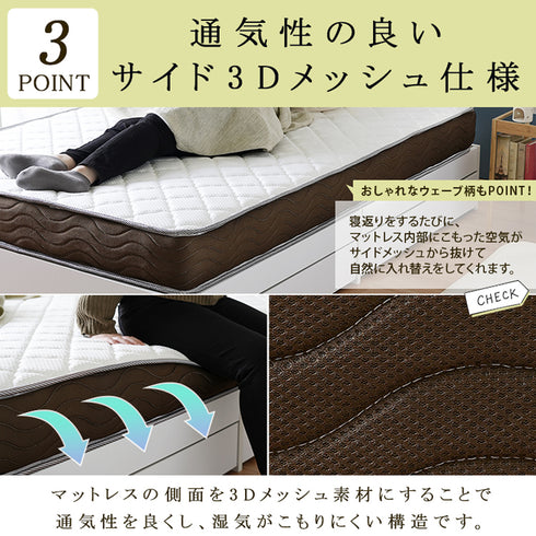 マットレスの側面には3Dメッシュ素材を採用しているので、通気性が良く湿気がこもりにくくなっています。