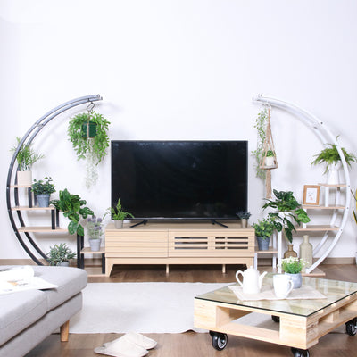 【テレビ周りを、アートな空間に】
いつものテレビサイドにシンメトリーに配置するだけで、無機質になりがちな空間が、グリーンや雑貨が映えるアートなディスプレイスペースへと生まれ変わります。