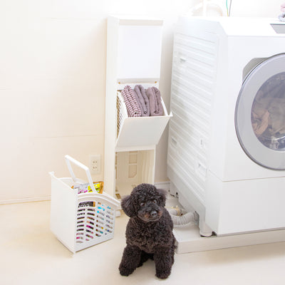 【空間に溶け込むデザイン】
優しい色合いとシンプルなフォルムが、ランドリールームにも自然に馴染み、生活感をうまく隠してくれます。