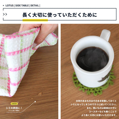 【長くきれいに使うためのひと工夫】水気や熱から守るためにコースターや布を使うことで、美しい木目を長く楽しむことができます。