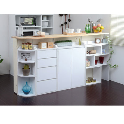 【理想のキッチンカウンター】
別売りの天板を置けば、おしゃれなキッチンカウンターが完成し、毎日のお料理がもっと楽しく、もっと効率的になります。