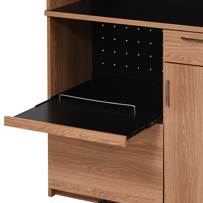 下段のオープン部にはスライド棚と落下防止バーが付いているので、蒸気が出る家電も安心してお使いいただけます。