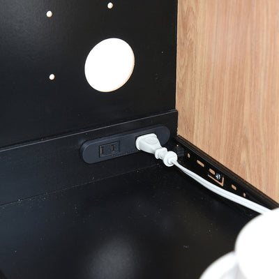 オープン部には1500Wの2口コンセントと、2つのスライド棚が付いており、背面は熱気がこもらないようパンチングボード仕様なので家電の収納に最適です。