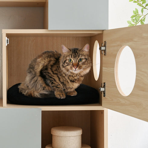 ねこちゃんの通れる穴が開いている扉内は程よく薄暗いので、ねこちゃんのリラックスできる場所になり、勿論普通に収納としてもお使いいただけます。