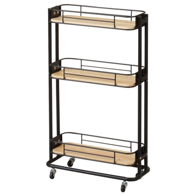 【インダストリアルな佇まい】
無骨ながらも温かみのあるブラックのスチールとパイン材の組み合わせが、こだわりの空間を演出し、書斎のサイドワゴンや趣味の道具入れとしても最適です。