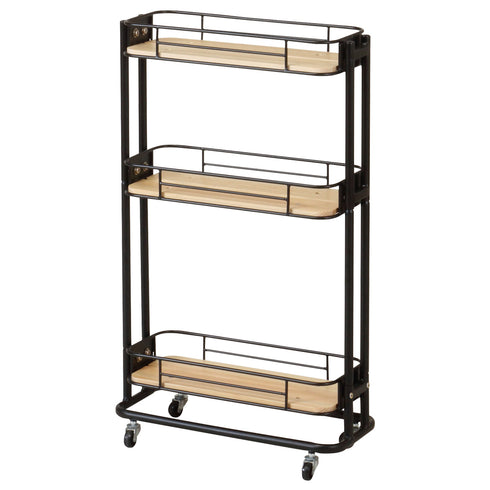 【インダストリアルな佇まい】
無骨ながらも温かみのあるブラックのスチールとパイン材の組み合わせが、こだわりの空間を演出し、書斎のサイドワゴンや趣味の道具入れとしても最適です。