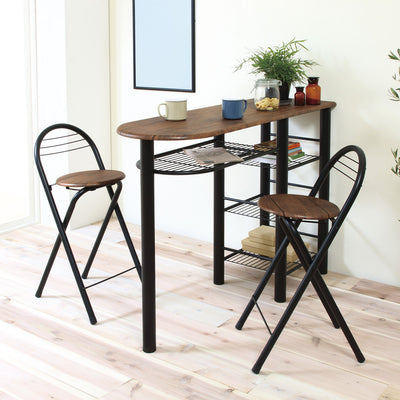 木目とスチールの組み合わせがオシャレな、ハイテーブルとチェア2脚の計3点セットです。
