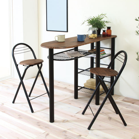 木目とスチールの組み合わせがオシャレな、ハイテーブルとチェア2脚の計3点セットです。
