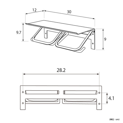 【設置前に確認、詳細サイズ】
横幅30cm、奥行き12cmの天板を備えた使いやすいサイズ感で、設置場所の事前確認に役立つ詳細な寸法図をご用意しました。