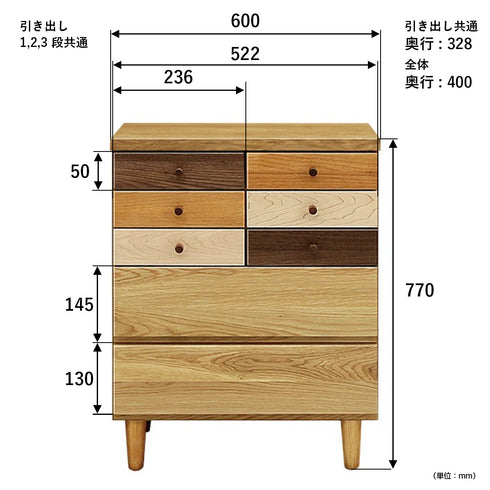 【サイズ図:コンパクトながらも頼れる収納】幅60cm、奥行40cmのコンパクトな設計ながら、異なる深さの引き出しで衣類から雑貨まで多様なものを効率良く収納し、お部屋を美しく保ちます。
