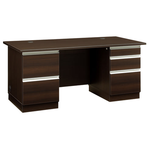 【信頼のスタンダード設計】
重厚感のあるダークブラウンが、どんな空間にも自然に溶け込み、安心感と風格を与えてくれる1600mmワイドの両袖デスクです。