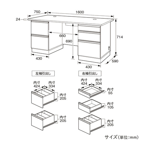エクティー 国産役員用両袖デスク(W1600×D750×H714)