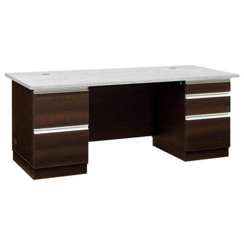 【傷にも強い大理石調の天板】
上品で清潔感のあるマーブルホワイトの天板は、傷や汚れに強いメラミン化粧板を使用しており、永く美しい状態を保ちます。