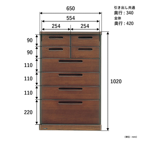【サイズ図:収納計画に役立つ寸法図】各引き出しのサイズを参考に、効率的な収納プランを立てられます。