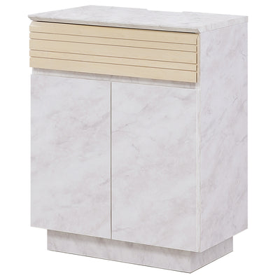 流行のマーブル柄がグレージュカラーのモダンなインテリアになじむサイドボードです。