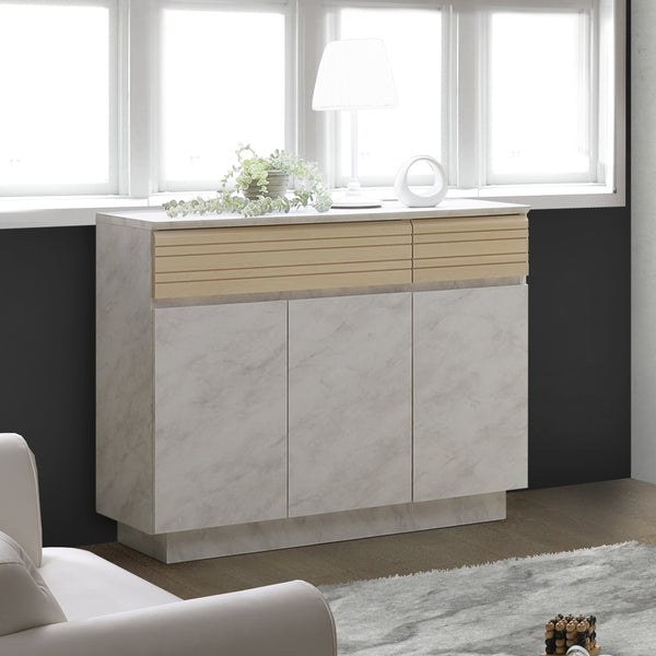 流行のマーブル柄がグレージュカラーのモダンなインテリアになじむサイドボードです。