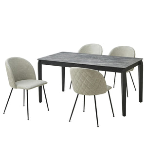 【洗練された食卓】グレーの天板とベージュの椅子が織りなす、上品で落ち着いたダイニング空間を演出します。