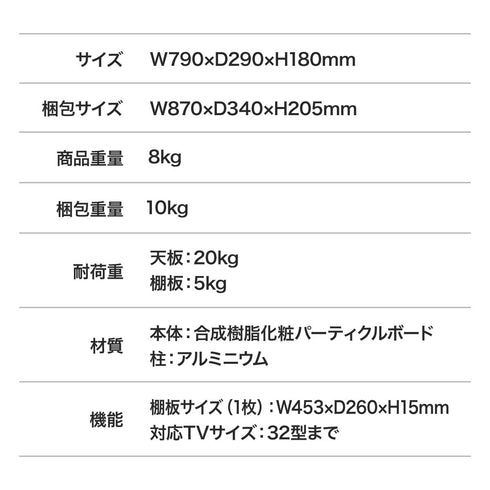 【安心の耐荷重と高品質素材】天板耐荷重20kg、棚板5kg、合成樹脂化粧パーティクルボードとアルミニウム柱で丈夫な造りです。
