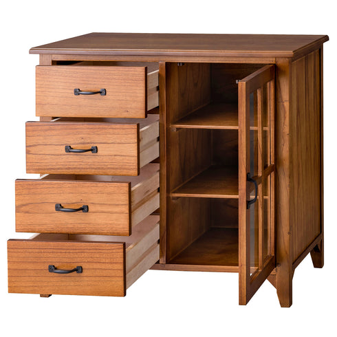 【考え抜かれた収納設計】
幅30cm、奥行き30cm、深さ8.5cmの引き出し4杯と、可動しない固定棚の3段収納が、小物からカトラリー、食器まで、あらゆるものを整理整頓するお手伝いをします。