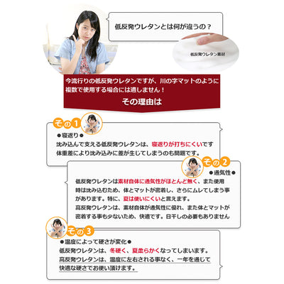 【低反発との違いに納得】
寝返りが打ちづらく通気性が悪い低反発ウレタンに比べて、高反発素材はオールシーズン快適で家族使用にも最適です。