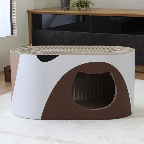 爪とぎ、遊び場、ベッドの3WAYで使用が出来る、ねこちゃんにとって快適な居場所となるダンボール爪とぎのミケ・ベッドです。