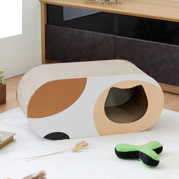 爪とぎ、遊び場、ベッドの3WAYで使用が出来る、ねこちゃんにとって快適な居場所となるダンボール爪とぎのミケ・オーバルです。