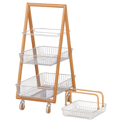 天然木の取っ手がついた上段のカゴは、ワゴンから取り外して持ち運ぶことが可能です。