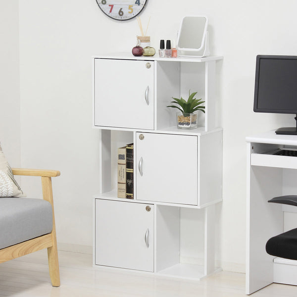 扉付とオープン棚を併せ持つ、多段式の木製カラーボックスです。