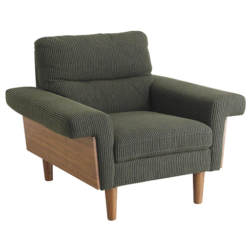 モスグリーンのコーデュロイ生地とウォールナット突板の側板との組み合わせがレトロな雰囲気を感じさせてくれる「バルシリーズ」の1人掛けソファです。