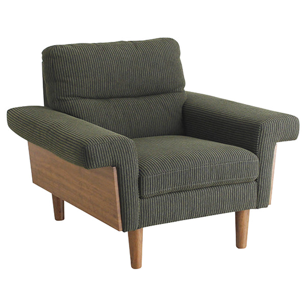 モスグリーンのコーデュロイ生地とウォールナット突板の側板との組み合わせがレトロな雰囲気を感じさせてくれる「バルシリーズ」の1人掛けソファです。