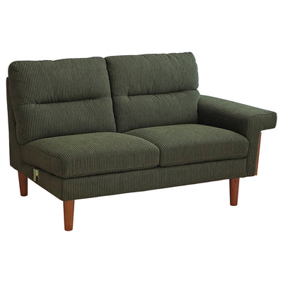 モスグリーンのコーデュロイ生地とウォールナット突板の側板との組み合わせがレトロな雰囲気を感じさせてくれる「バルシリーズ」の左肘付き2人掛けソファです。