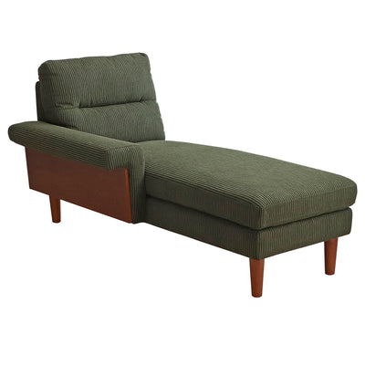 モスグリーンのコーデュロイ生地とウォールナット突板の側板との組み合わせがレトロな雰囲気を感じさせてくれる「バルシリーズ」の右肘付きカウチソファです。