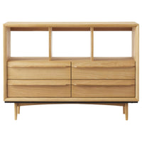 【見せる収納と隠す収納の融合】お気に入りのアイテムを飾るオープン棚と、散らかりがちな小物をすっきりと収める引出し。日々の暮らしに秩序と美しさをもたらします。