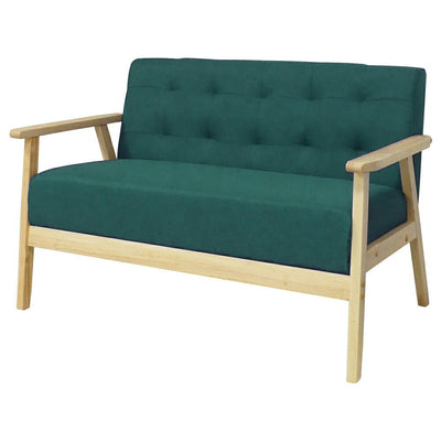 【くすみグリーンで上品に】
柔らかな色味のくすみグリーンが、自然素材の木製フレームと美しく調和し、優しい雰囲気を醸し出すこのソファは、コンパクトながらも快適な座り心地を実現しています。