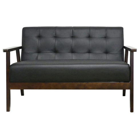 【正統派ブラックの風格】
無駄のないシルエットと深みあるブラックのレザー調素材が高級感を醸し、ダークブラウンの木部と相まって、モダンな大人の空間づくりにぴったりの一脚です。