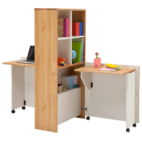 【棚付きデスクの出来上がり】使いたい時は天板を出すだけで、棚付きデスクの出来上がり。