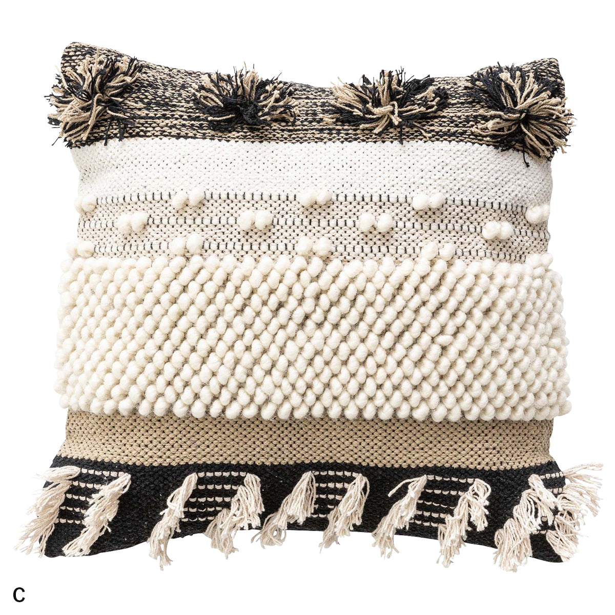 【デザインC：ポンポン＆タッセル】ポンポンやタッセルが遊び心をくすぐる、個性的なテクスチャとカラーリングが魅力のデザインです。