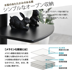 【質感にこだわった棚板】
安価なプラスチック製とは一線を画す、温かみと高級感のあるメラミン張りの棚板は、キズや汚れにも強く、お気に入りの小物を美しく飾れます。