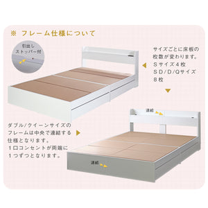 【選べるサイズと機能】引き出しストッパーやサイズの異なる床板枚数、D/Qサイズの連結など、細部にまでこだわったフレーム仕様です。