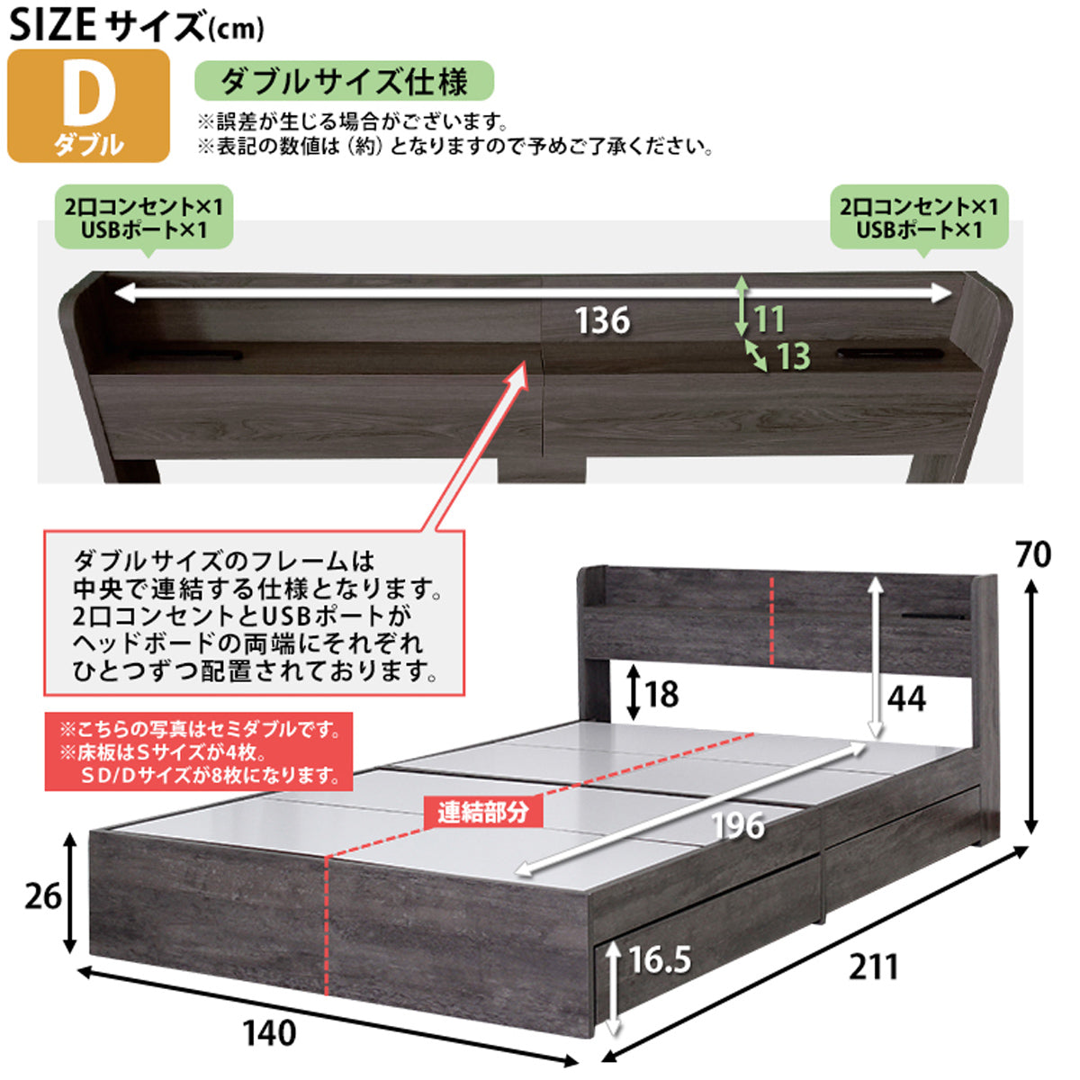 【サイズ図：ダブルサイズの詳細寸法はこちら】幅140cm、奥行き211cmのダブルサイズですので、お部屋に設置可能か、ヘッドボードや引出しの寸法も参考にしながら事前にご確認ください。