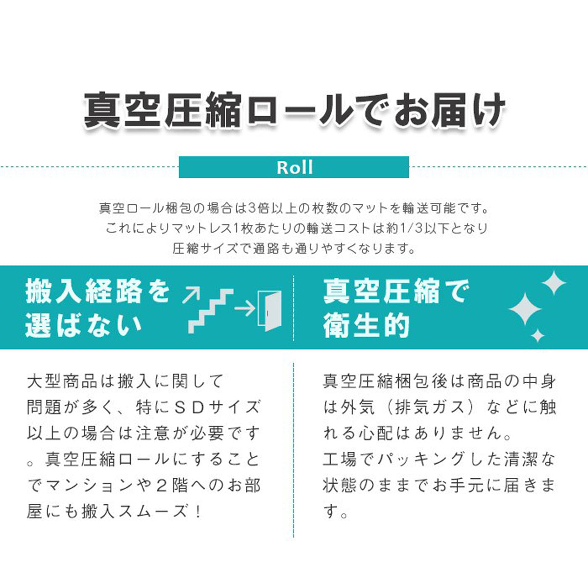 【らくらく搬入＆衛生的】コンパクトな真空圧縮ロール梱包でお届けするので、狭い通路でもスムーズに搬入でき、清潔な状態でお使いいただけます。
