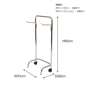 【サイズ図：詳細サイズと積載可能数】W510×D260×H950mmのコンパクト設計で、折りたたみ椅子を最大6脚まで効率的に収納・運搬できます。